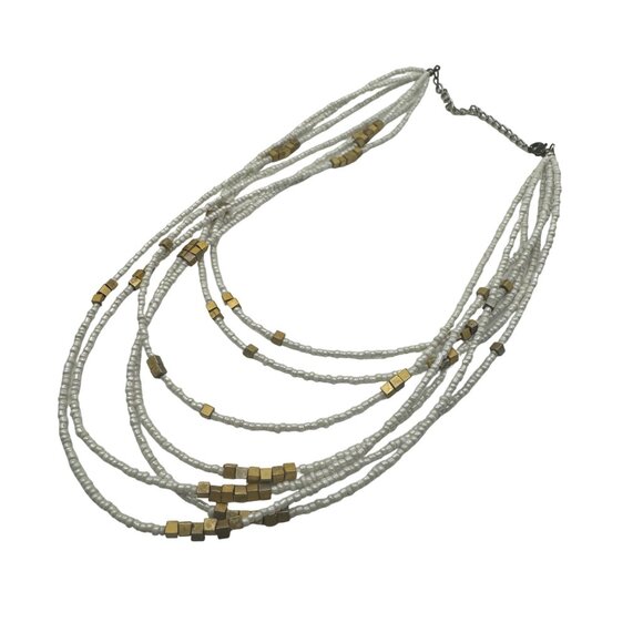 Multi-Strand White & Gold Beaded Necklace With Chain Closure - Picture 5 of 5